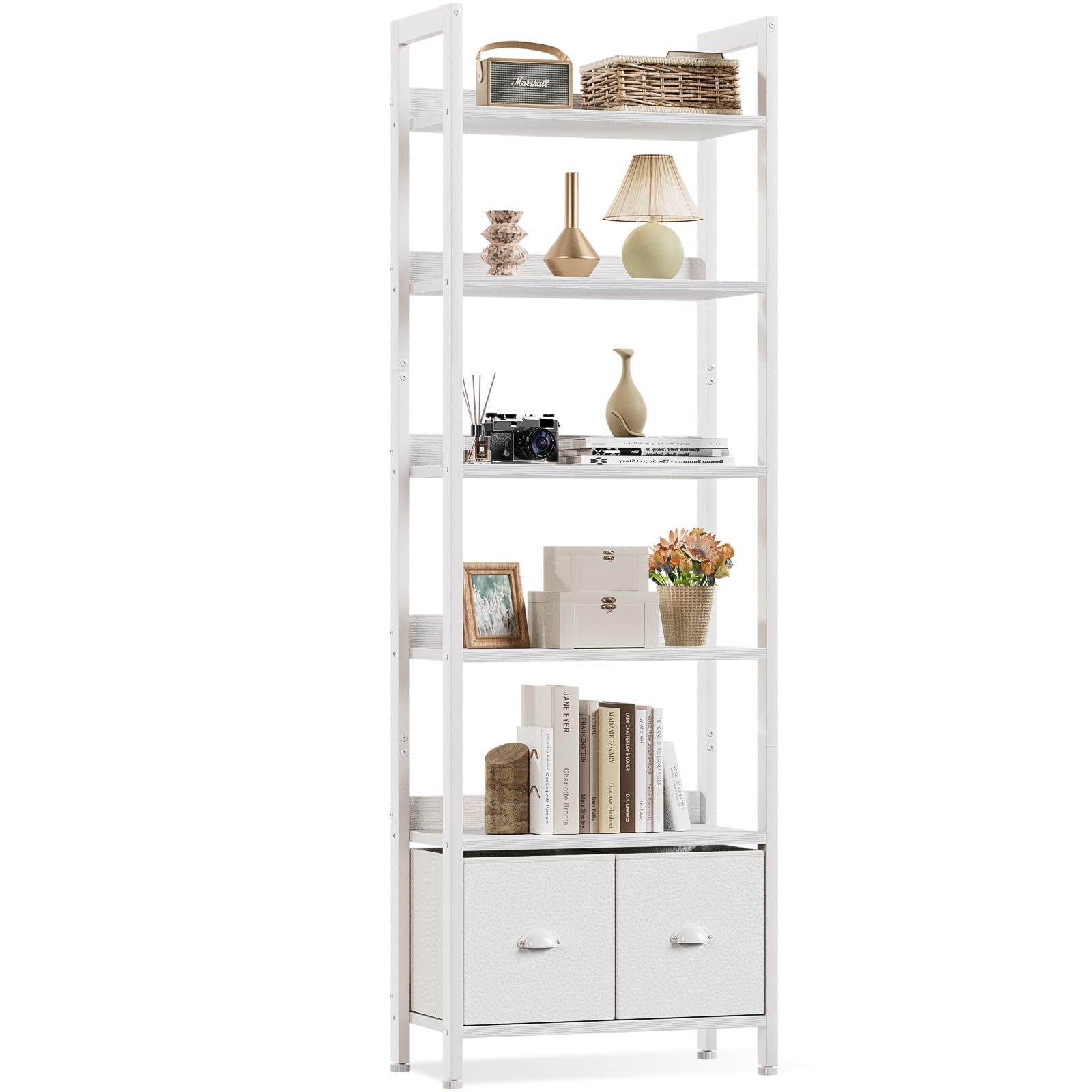 Furologee White 6 Tier Bookshelf With Drawers, Tall 71' Bookcase With Shelves, Modern Wood And Metal Bookshelves Storage Organizer, Display Free Standing Shelf Unit For Bedroom, Living Room, Office