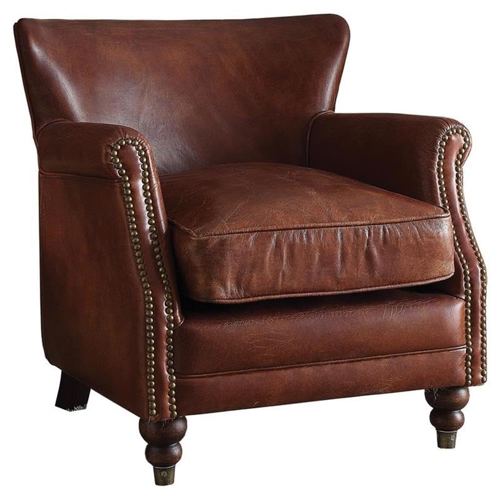 Acme Leeds Top Grain Leather Upholstery Accent Chair In Vintage Dark Brown