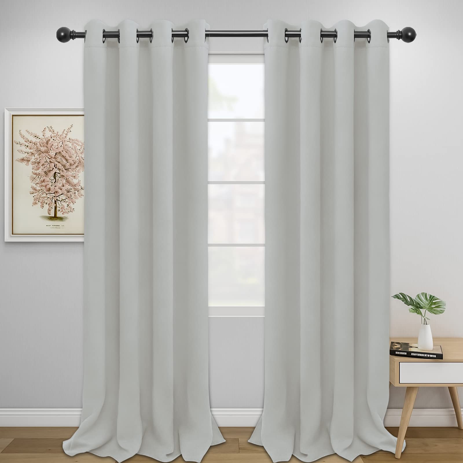 Easy-Going Blackout Curtains For Bedroom, Solid Thermal Insulated Grommet And Noise Reduction Window Drapes, Room Darkening Curtains For Living Room, 2 Panels(52X96 In, Greyish White)