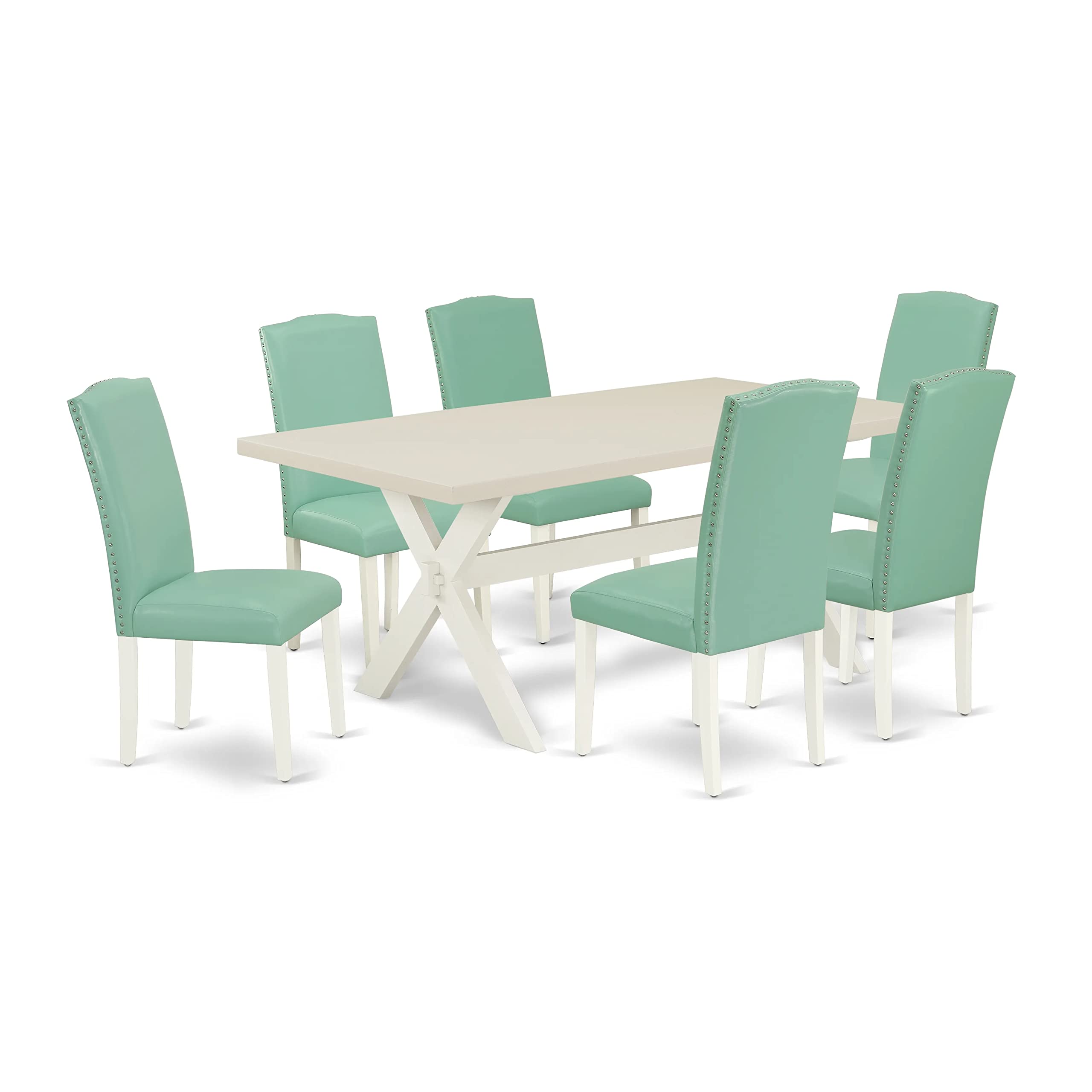 East West Furniture X027En257-7 7-Piece Dining Room Table Set - A Great Dinner Table - 6 Beautiful Parson Dining Chairs Nail Heads And High Back (Linen White Finish)