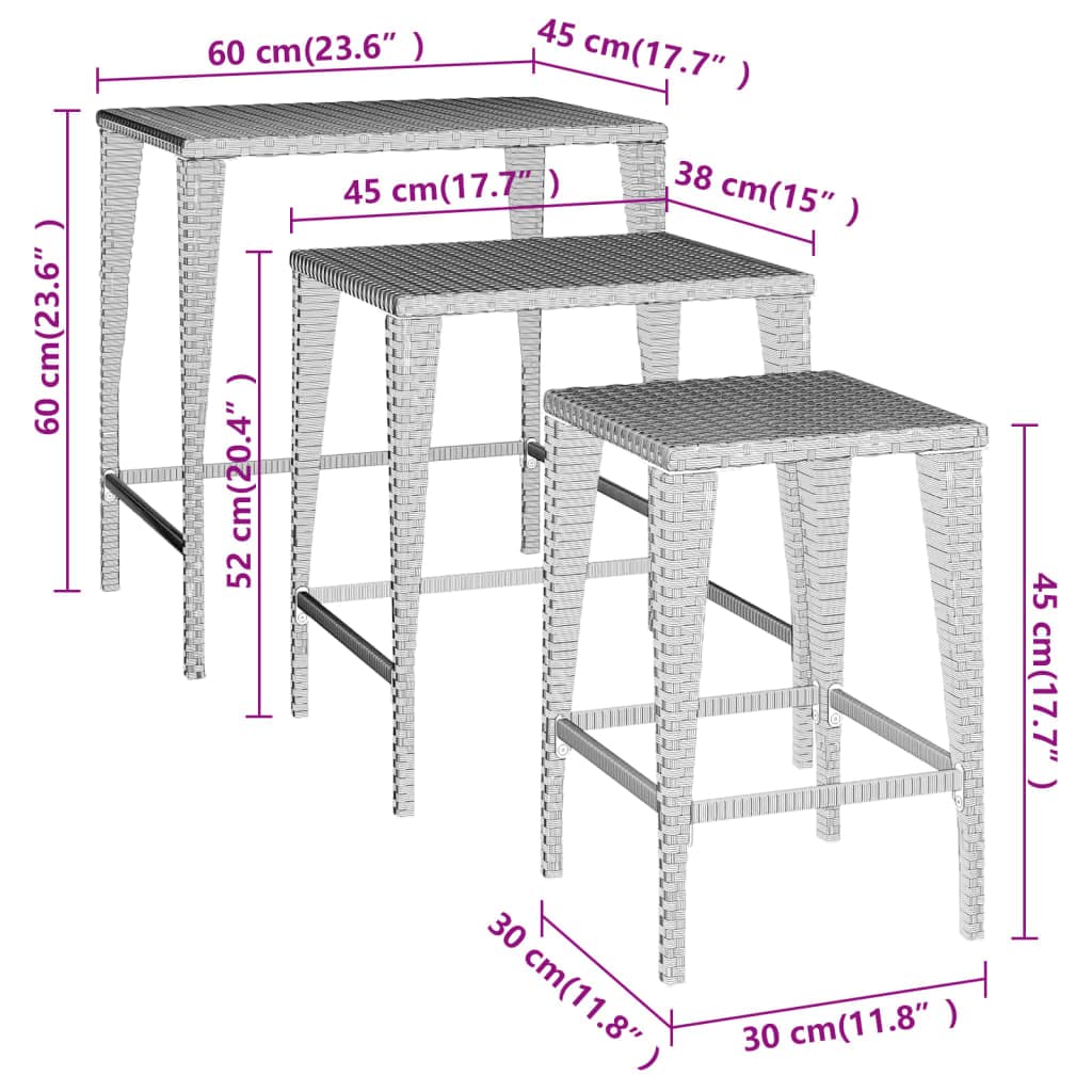 vidaXL Black Poly Rattan Nesting Tables - Weather-Resistant, Easy to Clean, Versatile for Indoor and Outdoor use, with Sturdy Steel Frames