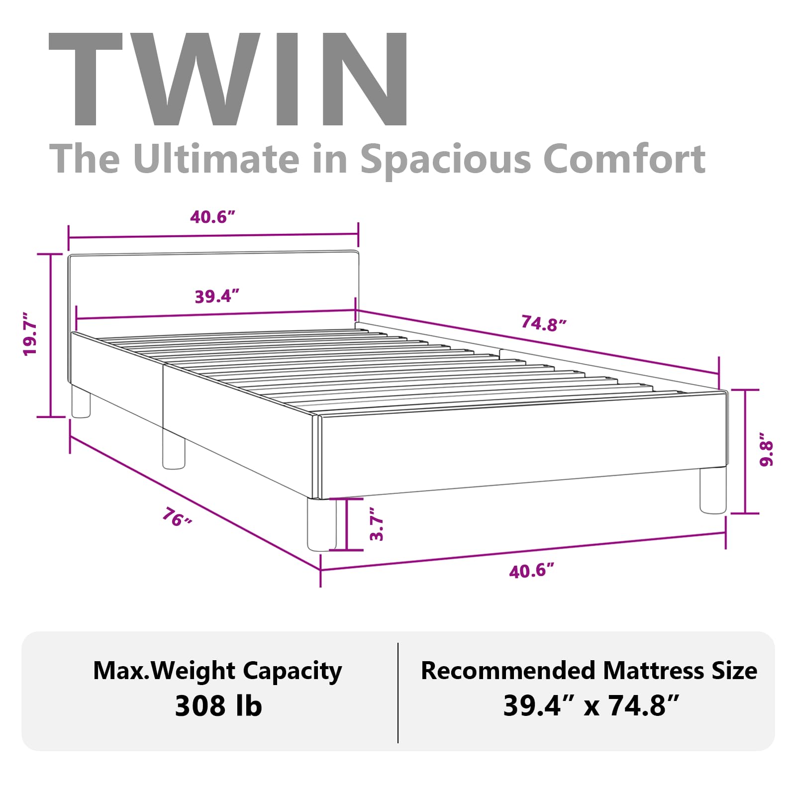 vidaXL Faux Leather Bed Frame Platform Bed, Scandinavian Style/Slats Support/No Box Spring Needed/Without Mattress/Easy Assembly, White Twin Bed