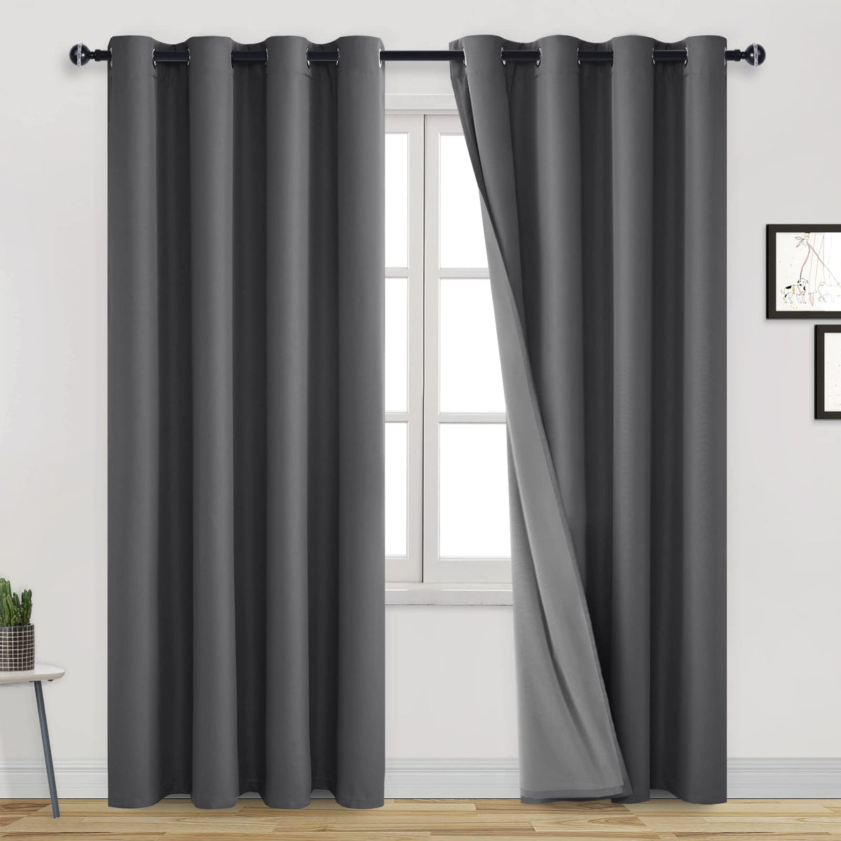 Dwcn 100% Dark Grey Blackout Curtains & Drapes 84 Inch Long 2 Panels For Bedroom Noise Reducing Curtain With Black Liner Thermal