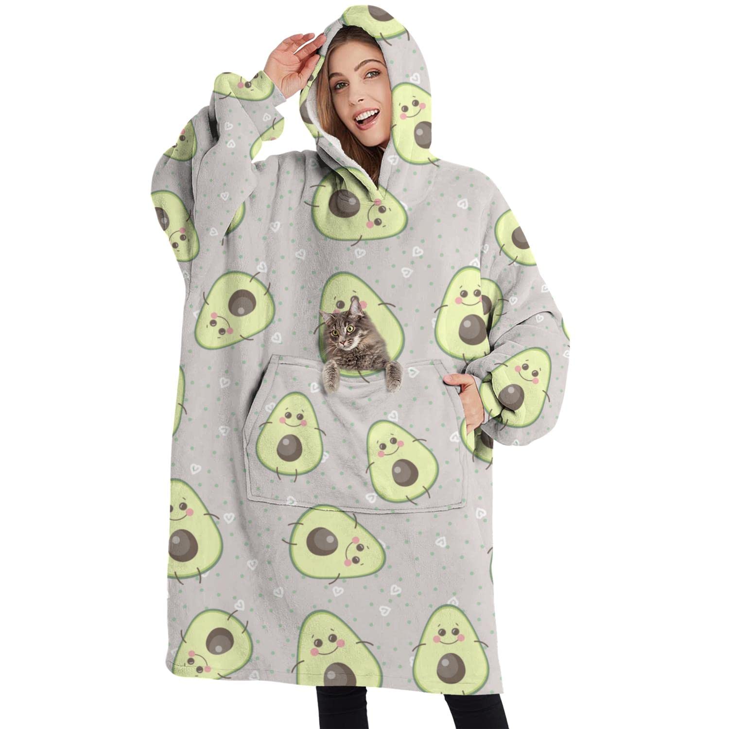 Touchbetter Avocados Face Avocado Wearable Oversized Blanket, Sherpa Blanket Hoodie With Super Pockets, Super Warm Fuzzy Pullove