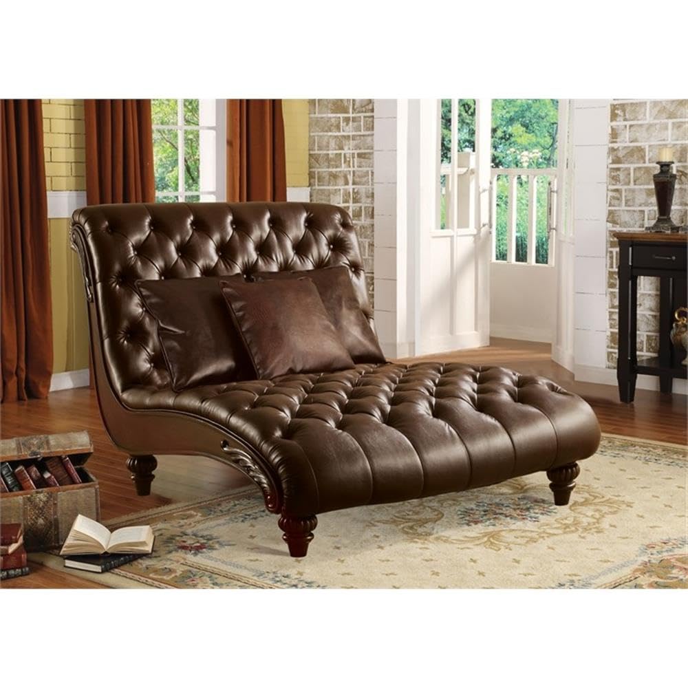 Acme Anondale Tufted Upholstered Faux Leather Chaise with 3 Pillows in Brown