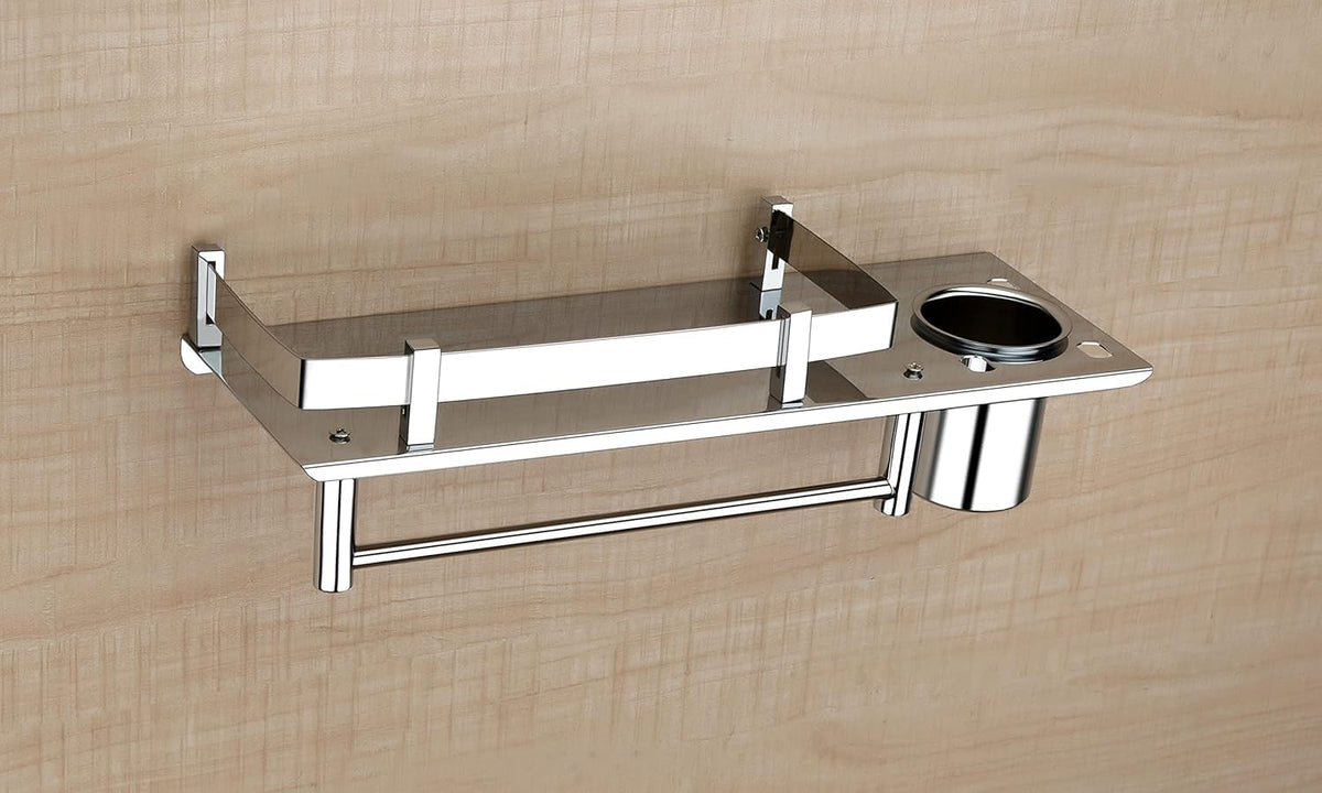 PAVITRAM Stainless Steel 3 in 1 Bathroom Shelf with Tumbler Holder with Toothbrush Stand, Wall Mounted Bathroom Tooth Brush Tumb