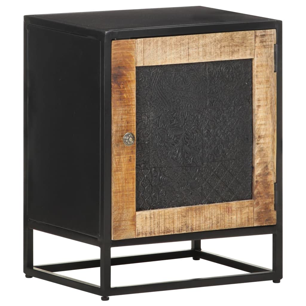 vidaXL Bohemian Bedside Cabinet - Iron Frame, Natural Finish Rough Mango Wood, Unique Hand Carved Pattern, Sturdy Nightstand/Side Table - 15.7&quot;x11.8&quot;x19.7&quot; Dimensions