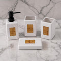 Store2508 White Square Design with Gold Bath Labels 4 Piece Ceramic Bathroom Accessories Set with Soap Dispenser, 2 Tumblers & S