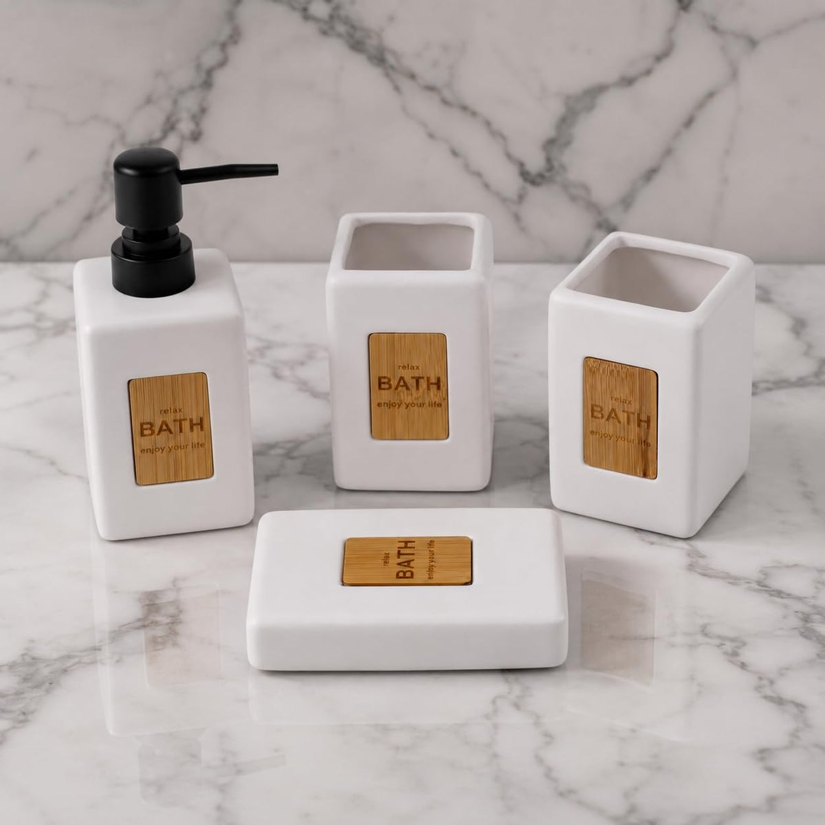 Store2508 White Square Design with Gold Bath Labels 4 Piece Ceramic Bathroom Accessories Set with Soap Dispenser, 2 Tumblers & S
