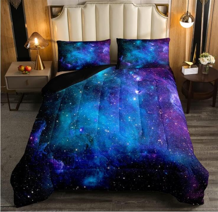 Erosebridal Galaxy Comforter Set Full Dark Blue Purple Starry Sky Outer Space Bedding Set For Kids Boys Girls Teen Nebula Stars