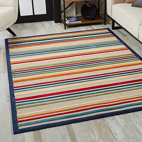 HomeRoots Ivory UV-Treated Polypropylene 5’ x 7’ Navy Colorful Striped Indoor Outdoor Area Rug