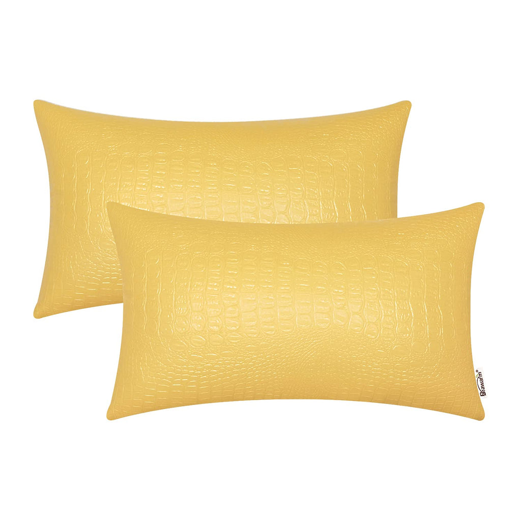 BRAWARM Faux Leather Pillow Covers 12 X 20 Inches, Yellow Leather Pillow Covers Pack of 2, Crocodile Leather Decorative Lumbar T