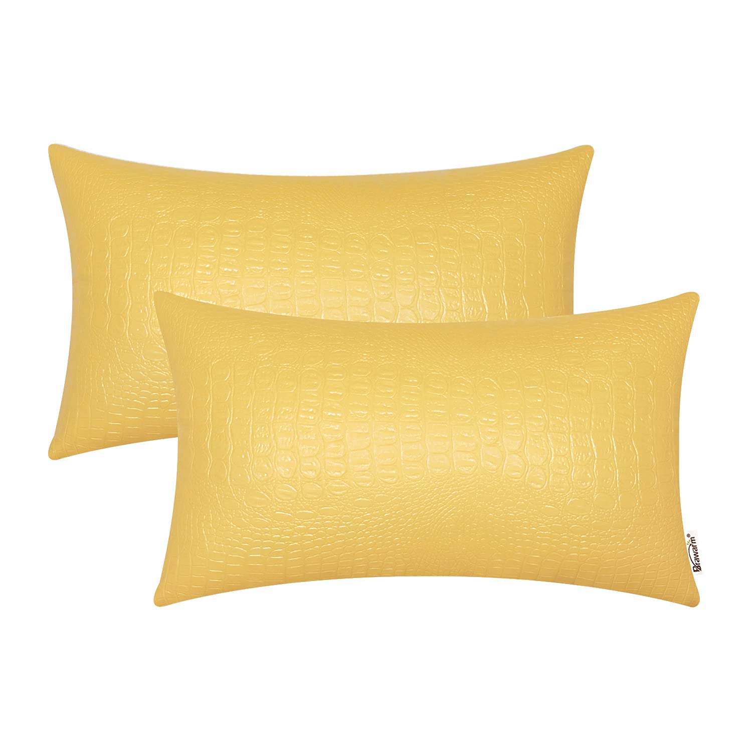 BRAWARM Faux Leather Pillow Covers 12 X 20 Inches, Yellow Leather Pillow Covers Pack of 2, Crocodile Leather Decorative Lumbar T