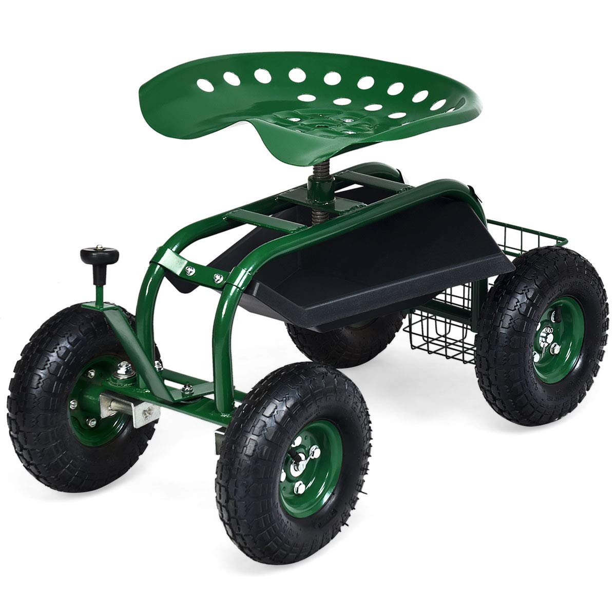 Goplus Garden Cart Gardening Workseat W/Wheels, Patio Wagon Scooter For Planting, Work Seat With Tool Tray And Basket (Knob Hand