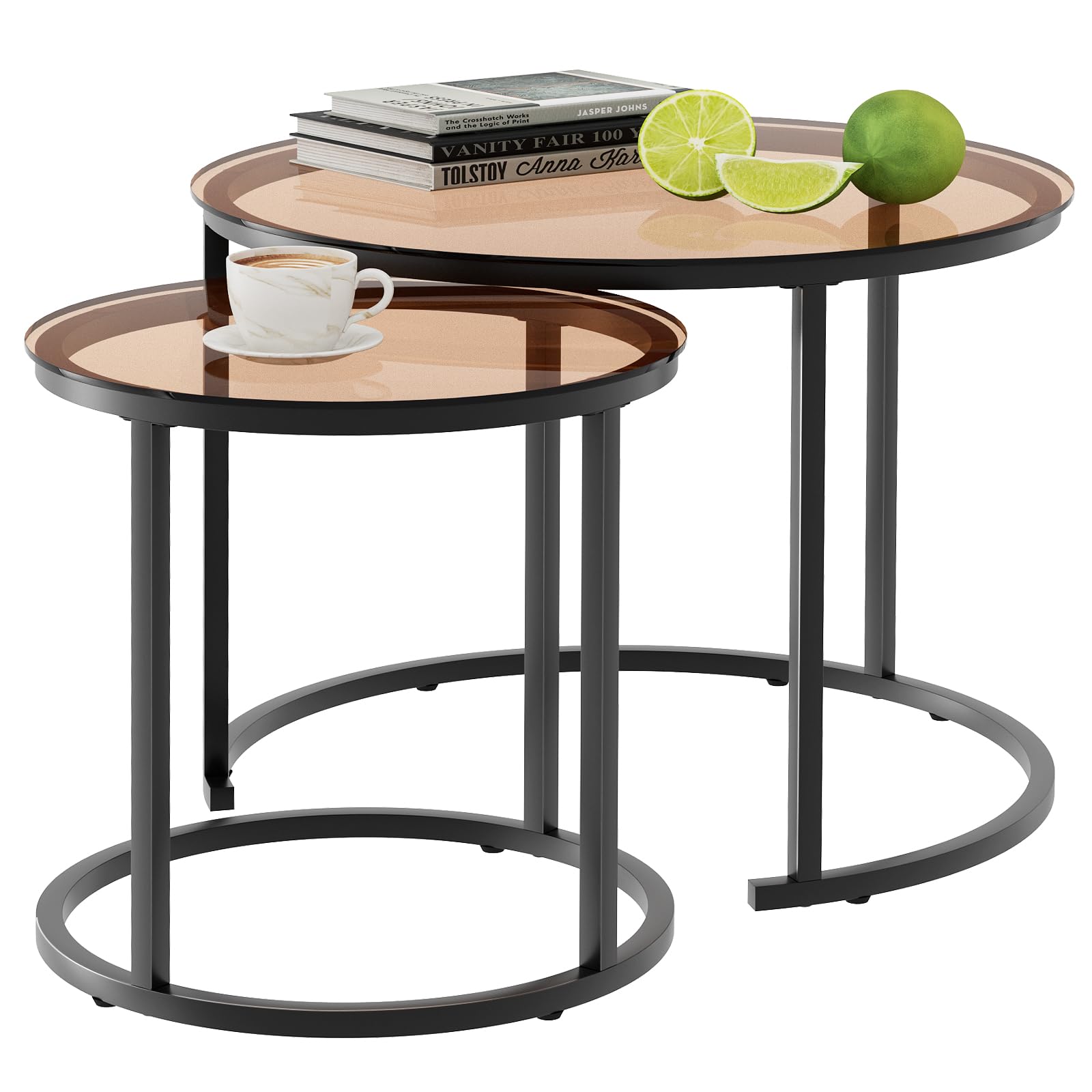Aboxoo Nesting Coffee Table Set Of 2, Small Round Glass Nesting Tables For Living Room Bedroom, Accent Tea Table With Metal Frame Modern Industrial Simple