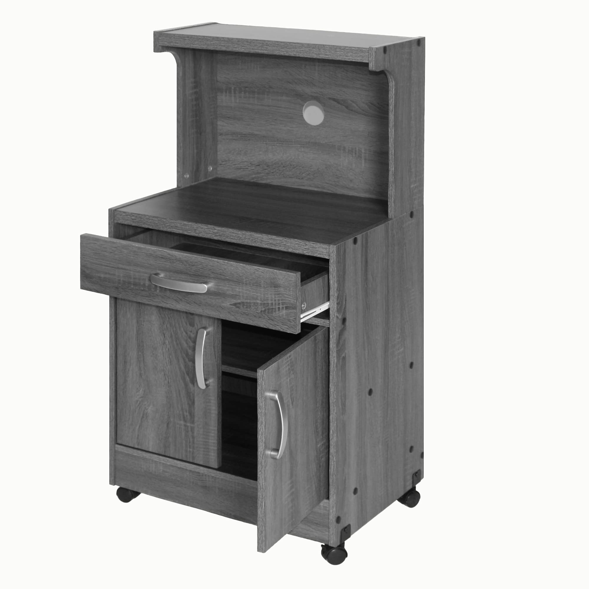 Shelby Kitchen Wooden Microwave Cart with One Drawer and Two Doors. Rolling Kitchen Cart (Grey), Easy Assembly.