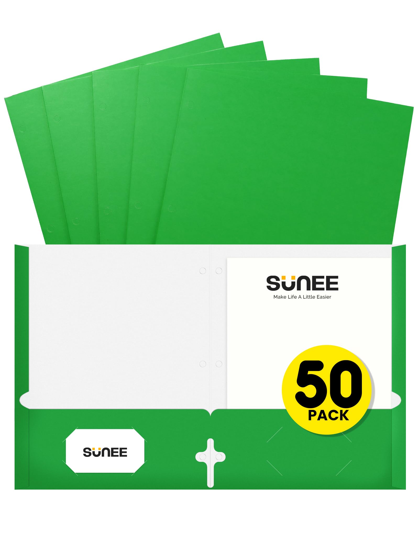 Sunee Folders With Pockets 3 Hole Punched(50 Pack, Green), 2 Pocket Folders Fit Letter Size Paper, Paper File Folder For School