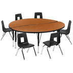 Flash Furniture 60" Circle Wave Collaborative Laminate Activity Table Set With 14" Student Stack Chairs, Oak/Black