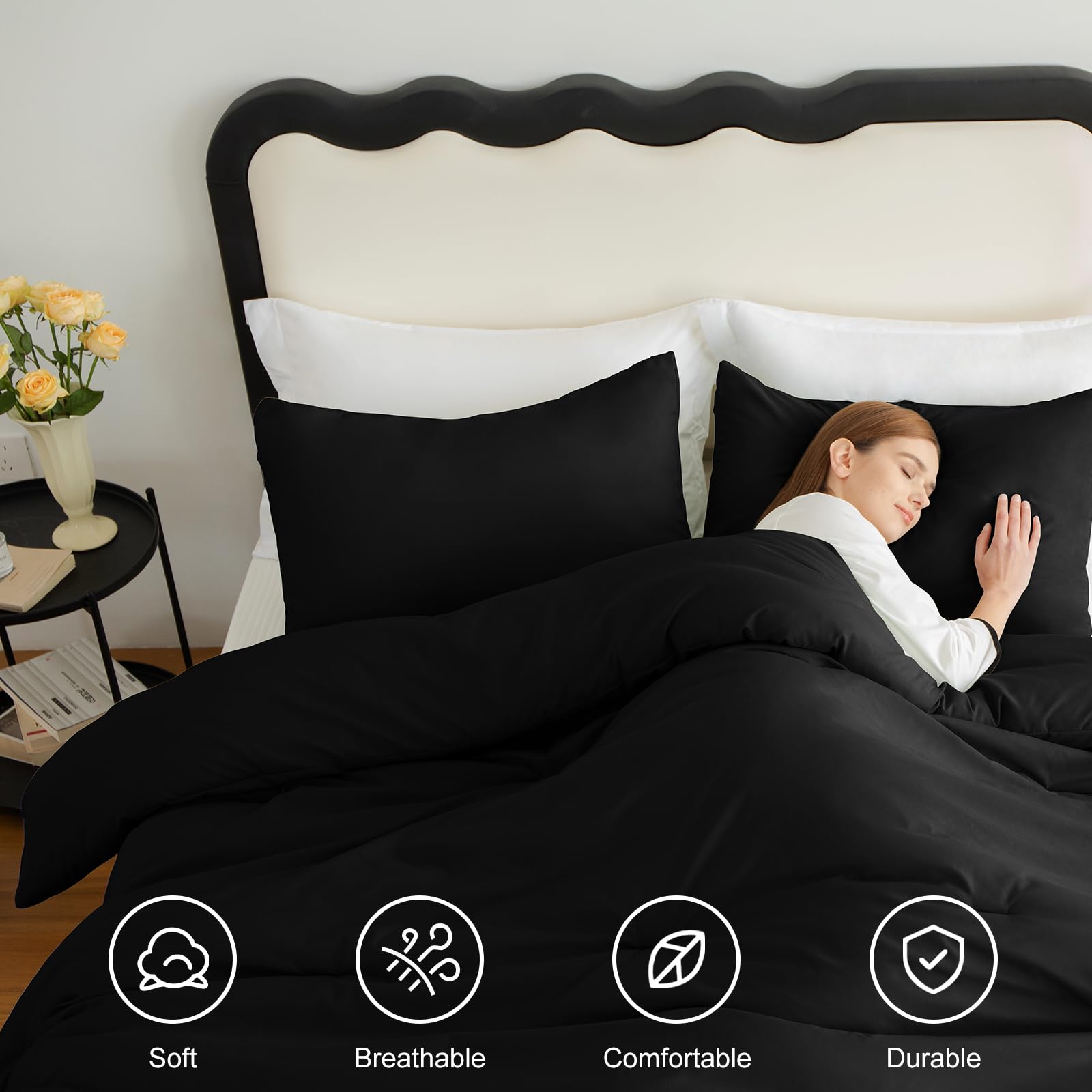 Cozylux California King Comforter Set Black, 3 Pieces Cal King Solid Breathable Boho Style Bedding Sets, Cozy Luxury Fluffy Soft Microfiber Quilt Comforter For All Season(1 Comforter & 2 Pillowcases)