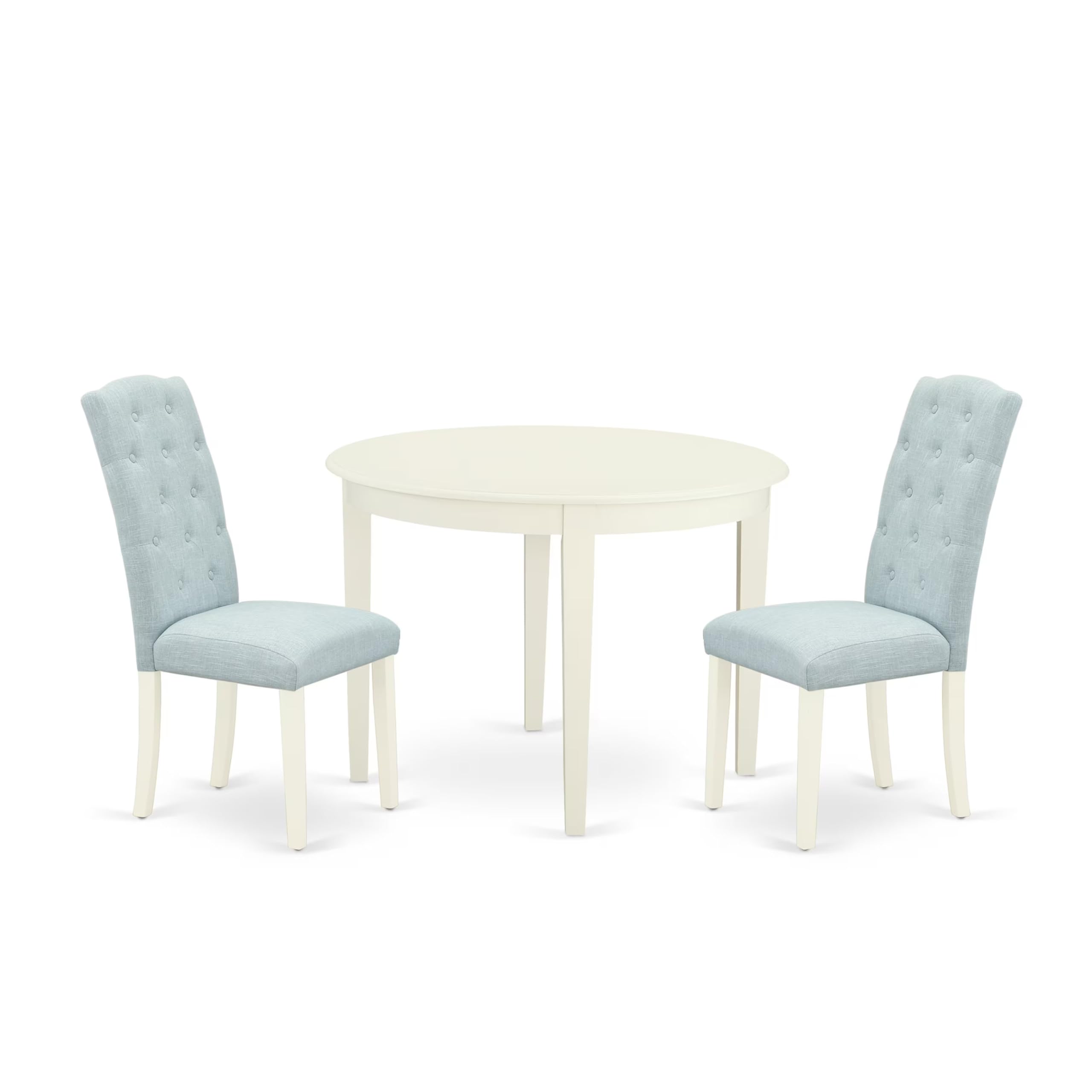 East West Furniture Boce3-Whi-15 3 Piece Dining Table Set For Small Spaces Contains A Round Kitchen Table And 2 Baby Blue Linen Fabric Parson Dining Room Chairs, 42X42 Inch, Linen White