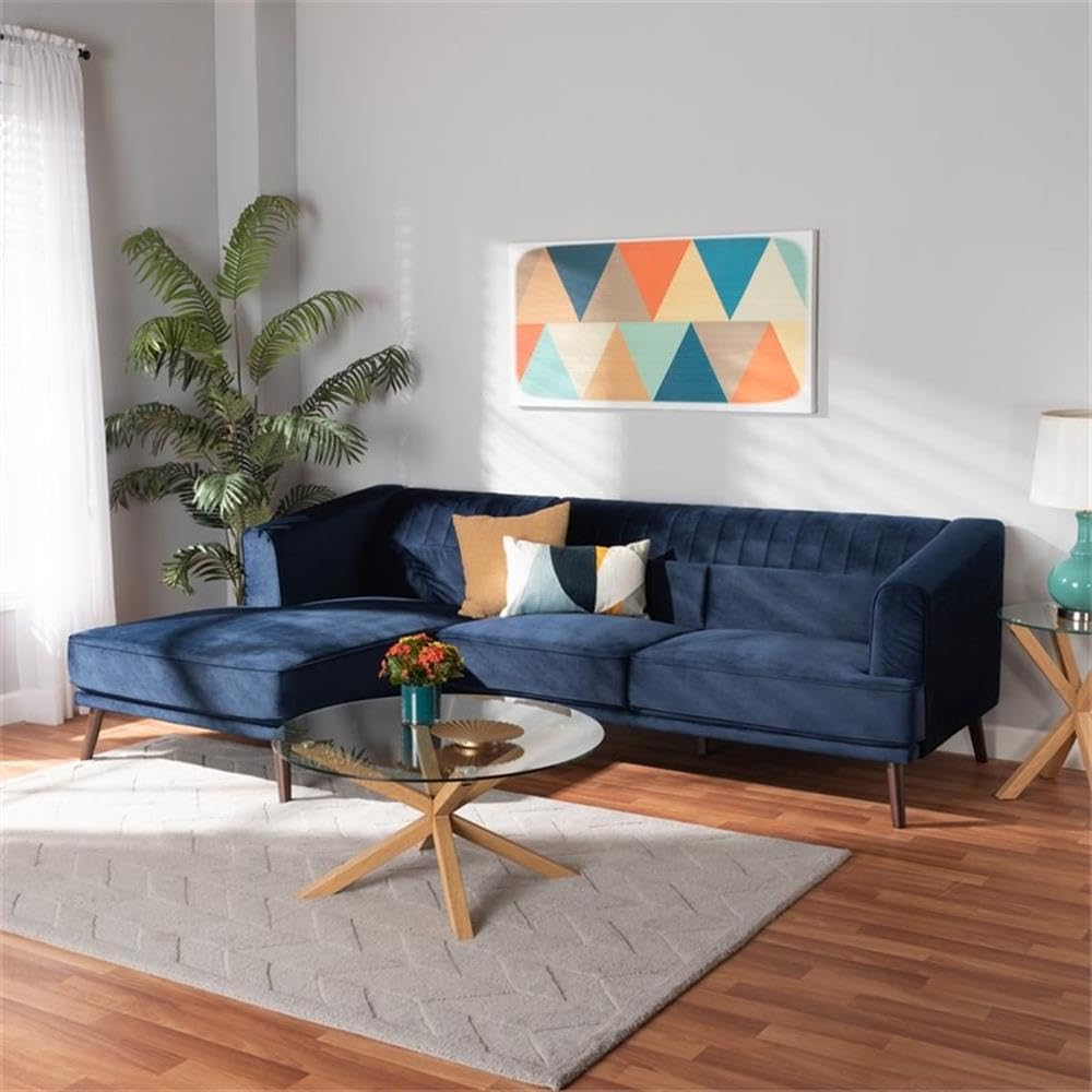 Baxton Studio Morton Mid-Century Modern Contemporary Navy Blue Velvet Fabric Upholstered and Dark Brown Finished Wood Sectional Sofa with Left Facing Chaise