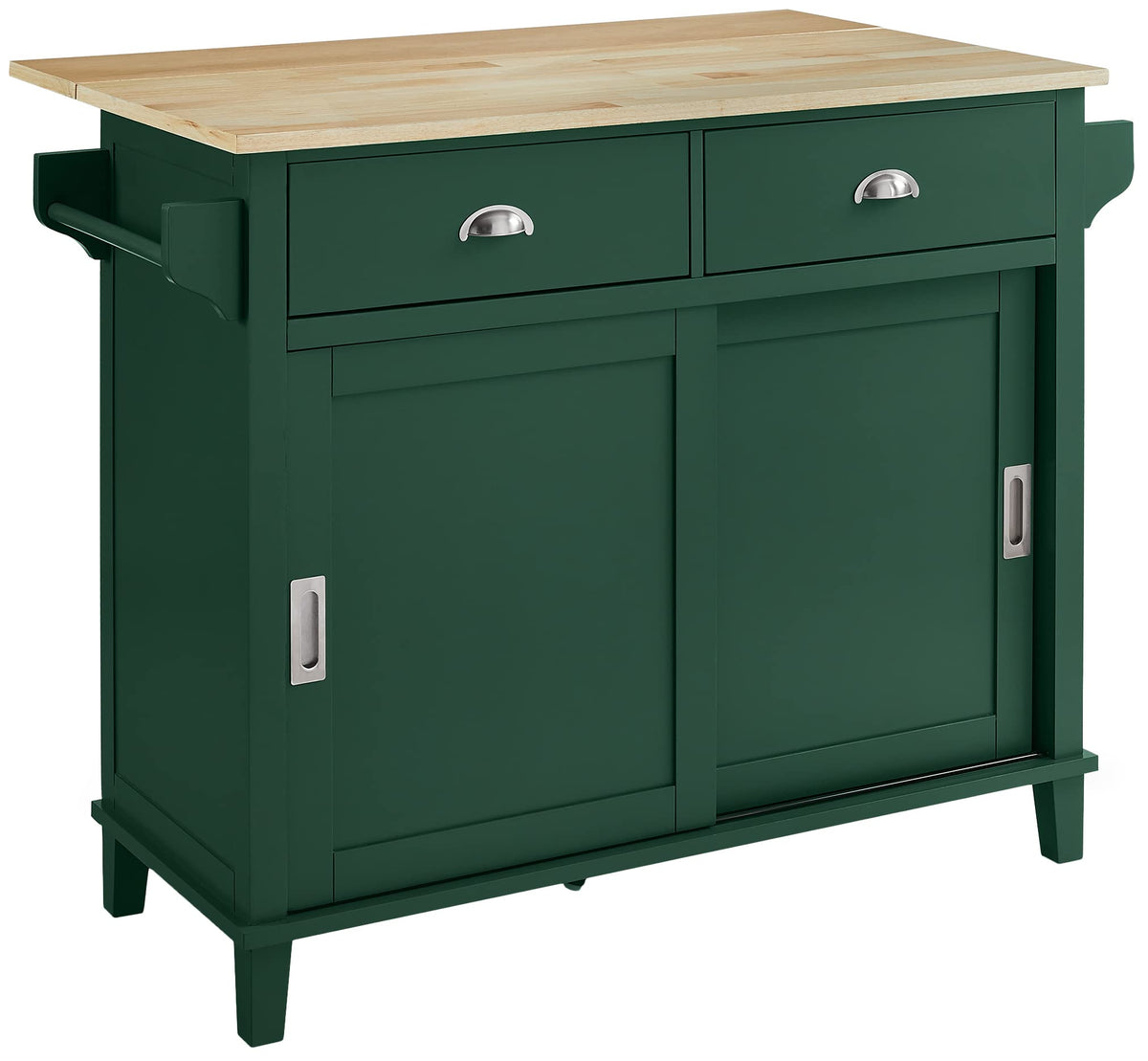 Crosley Furniture Cora Drop Leaf Kitchen Island Microwave Stand, Coffee Bar With Storage Drawers And Shelves, Emerald Green