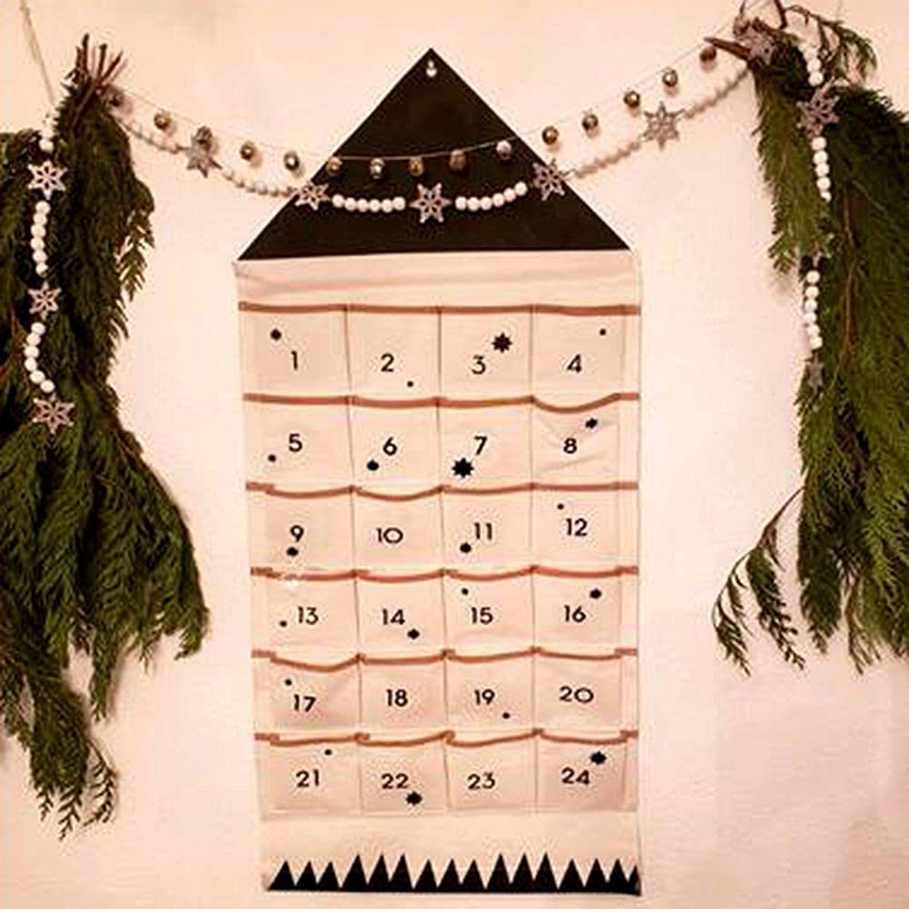 Christmas Advent Calendar With 24 Pockets Wall Hanging Bag For Home Xmas Countdown Decoration (Black)