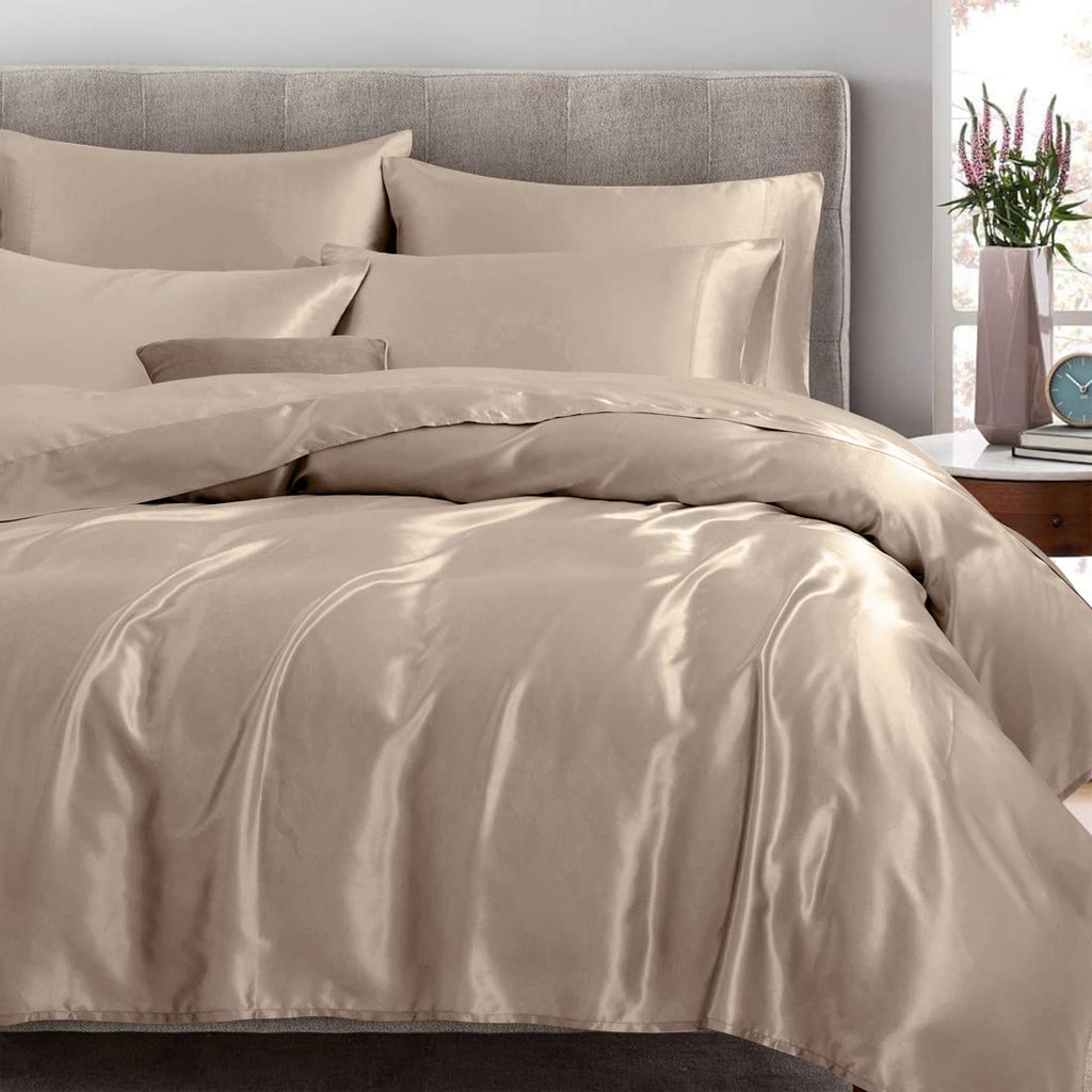 Treely 4 Piece Satin Sheets Twin Size Silky Smooth Taupe Satin Sheet Set With Deep Pocket, Satin Fitted Sheet, Flat Sheet, 2 Sat