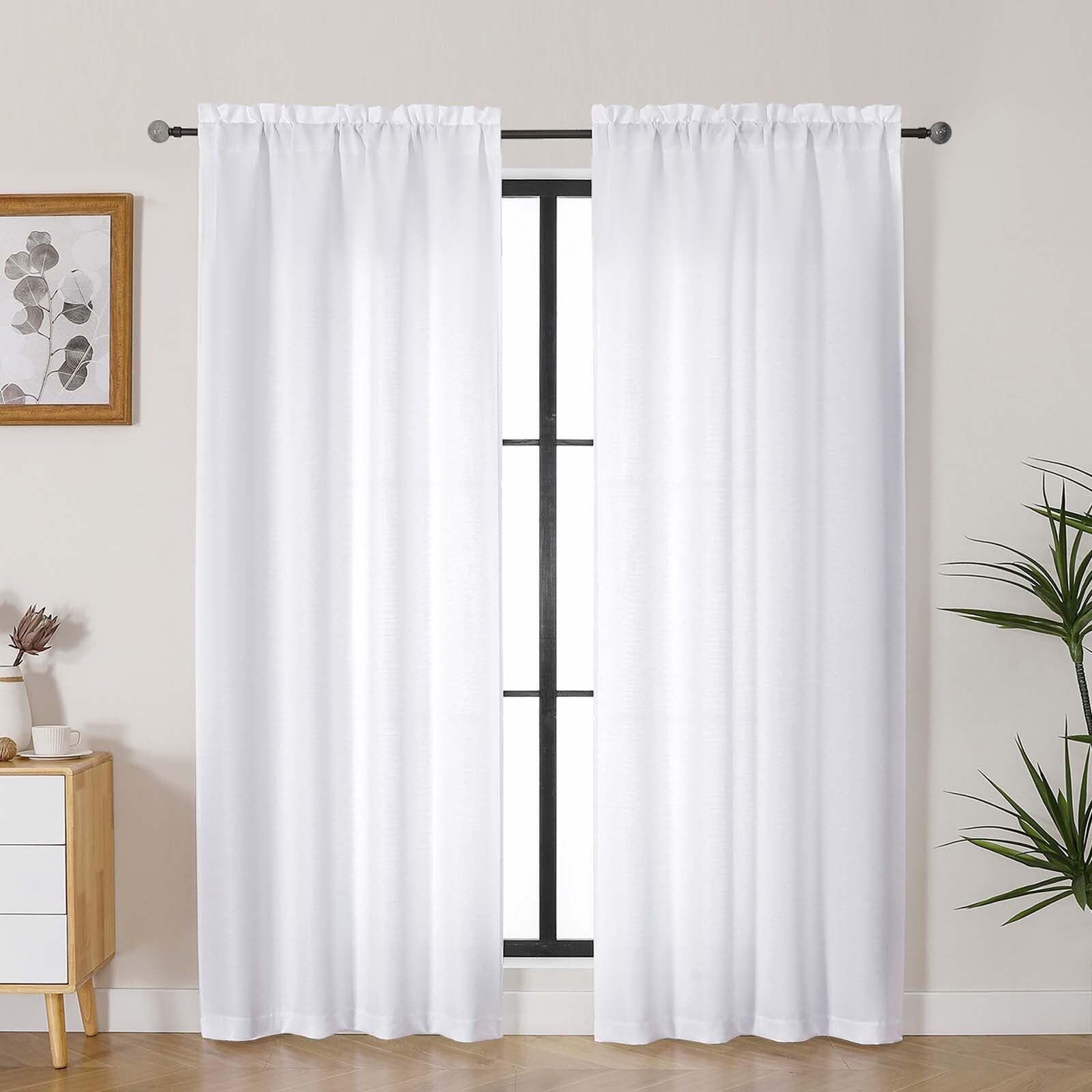 Lecloud Bessie White Curtains 78 Inches Long 2 Pcs, Light Filtering Faux Linen Textured Living Room Curtains for Bedroom, Rod Po