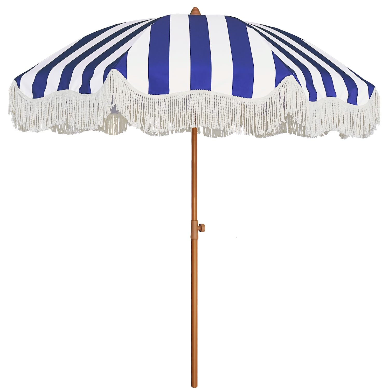 AMMSUN Boho Fringe Umbrella Outdoor Patio, 6.5ft UPF50+ Picnic Umbrella with Tassels with Steel Pole and Push Button Tilt, Navy 