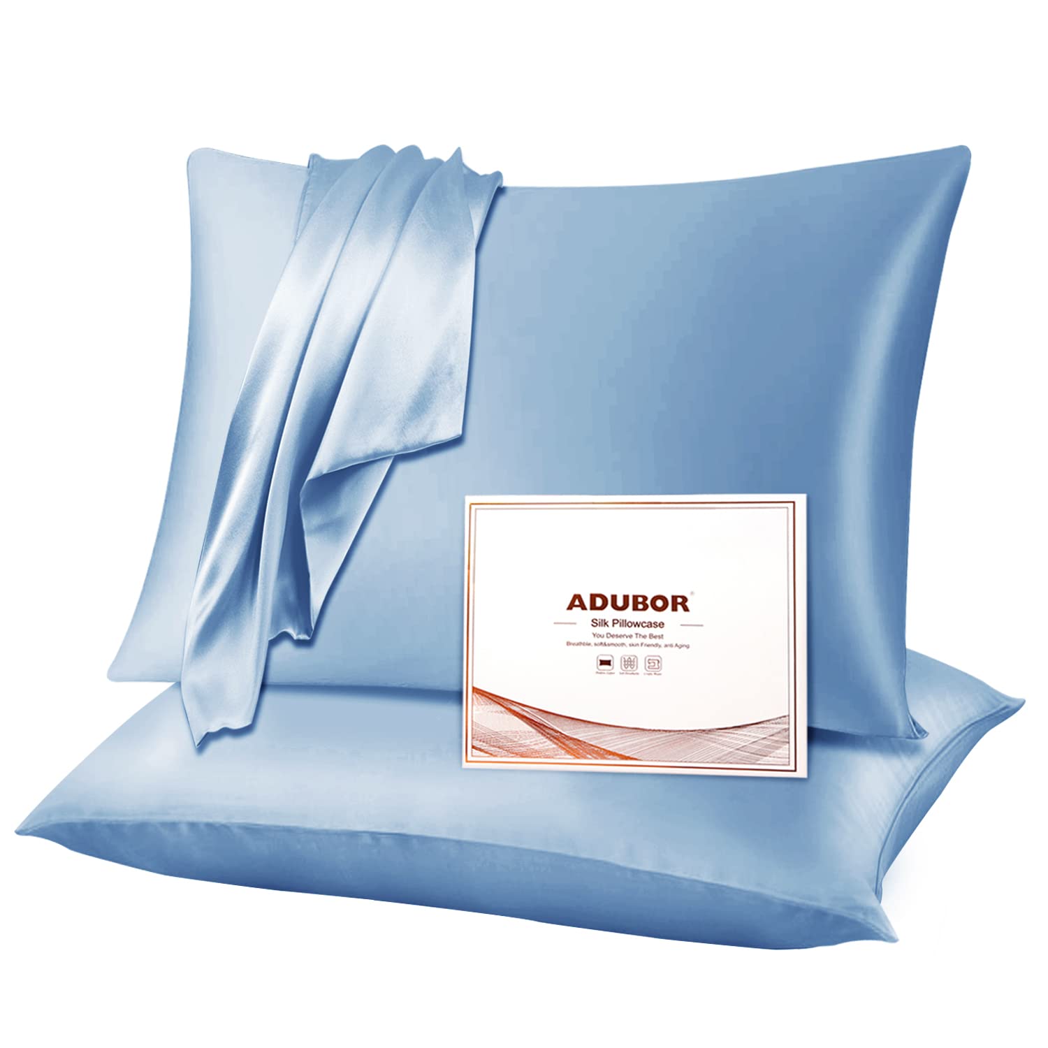 Adubor Silk Pillowcase For Hair And Skin With Hidden Zipper, Both Sides 23 Momme Silk Pillow Case (Gray Blue, King: 20'X36'-2