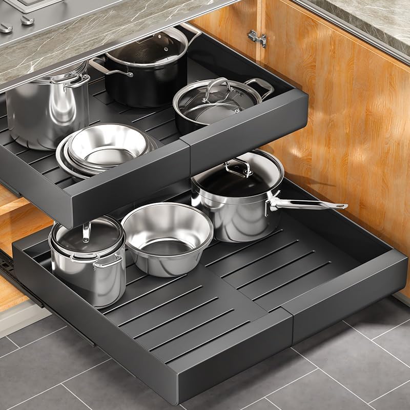 Pull out Cabinet Organizer, Wider Expandable(14-24) Heavy Duty Slide out Drawers Fixed with Adhesive Nano Film for Pots and Pans