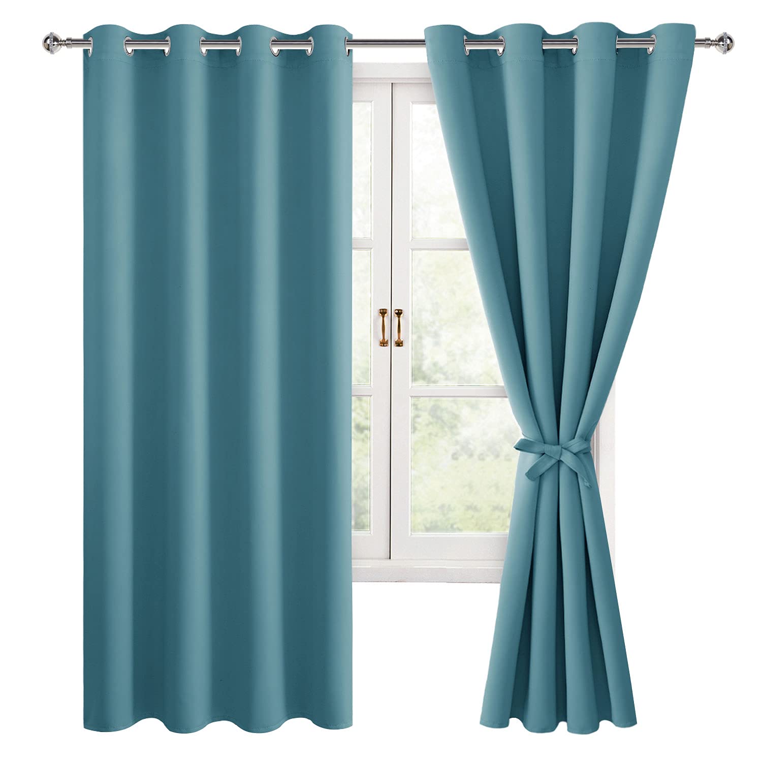Hiasan Blackout Curtains For Bedroom, 52 X 63 Inches Length - Thermal Insulated & Light Blocking Window Curtains For Living Room, 2 Drape Panels Sewn With Tiebacks, Turquoise