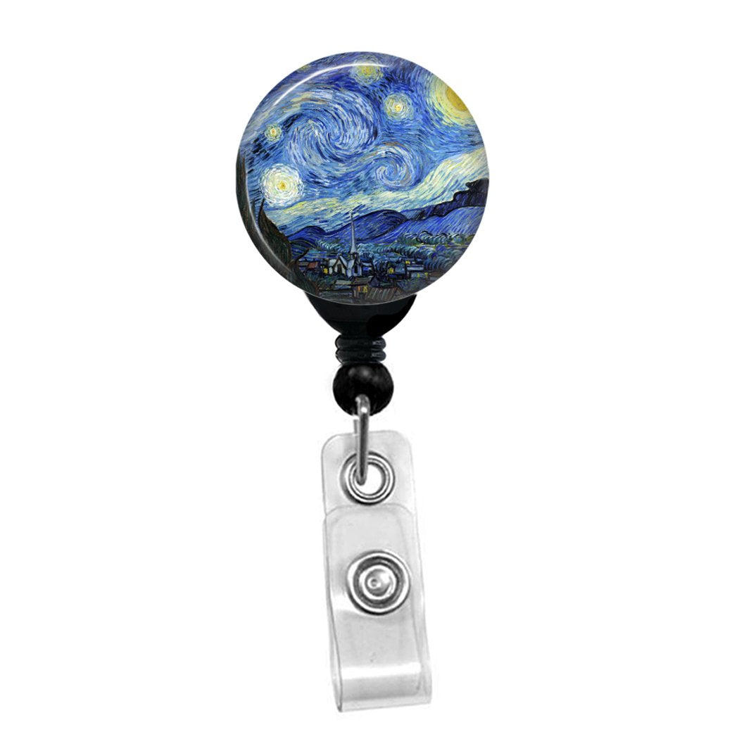 Vincent Van Gogh - The Starry Night -Retractable Badge Reel - Id Name Tag Custom Badge Holder (Black Badge Reel With Belt Slide