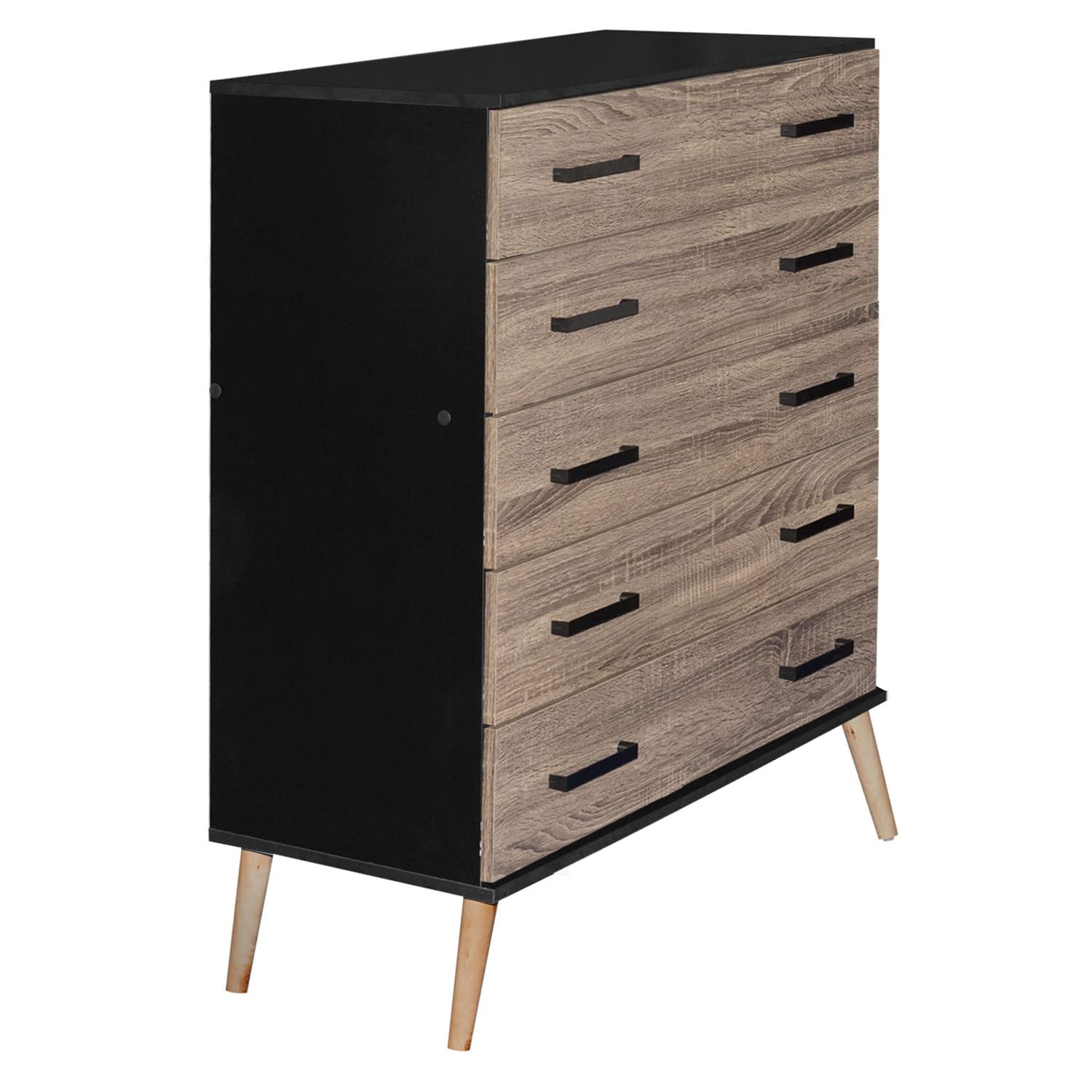 Better Home Products Eli Mid-Century Modern 5 Drawer Chest in Black & Sonoma Oak