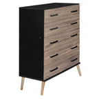 Better Home Products Eli Mid-Century Modern 5 Drawer Chest in Black & Sonoma Oak