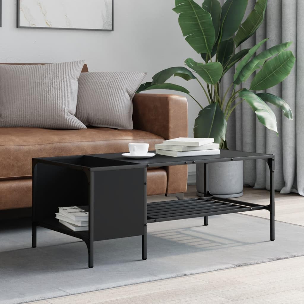 vidaXL Black Coffee Table with Rack - Elegant Sofa Table for Living Room with Side Storage Rack and Adjustable Feet - Engineered Wood and Metal Frame.