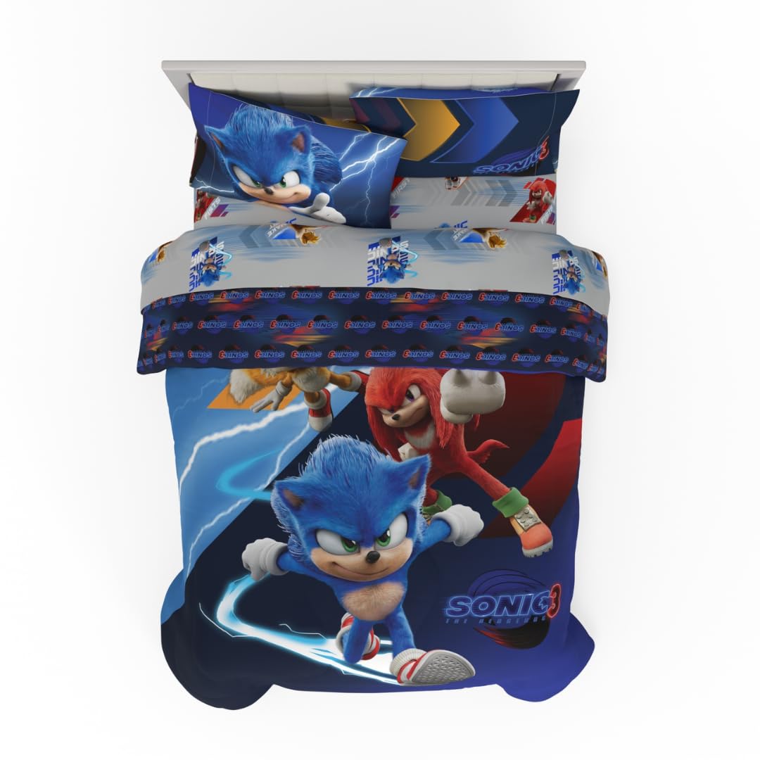 Franco Sonic The Hedgehog 3 Movie Kids Bedding Super Soft Comforter And Sheet Set, 4 Piece Twin Size, (Officially Licensed Produ