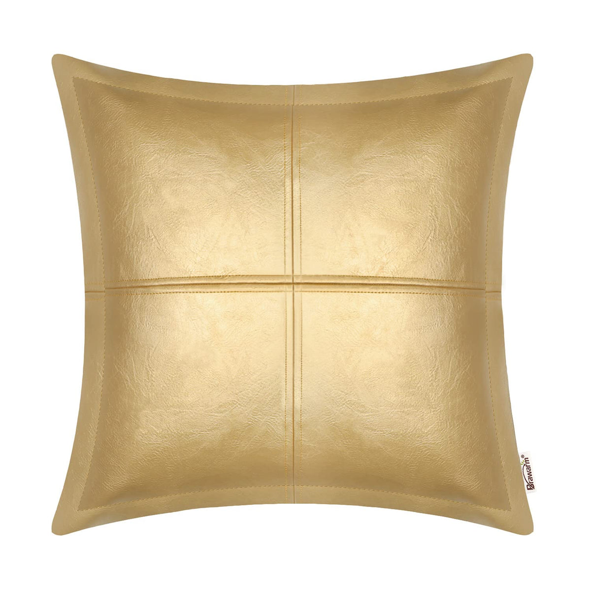 Brawarm Gold Leather Throw Pillow 16 X 16 Inches, Faux Leather Pillow Cover With Piping, Hand Stitched Leather Decorative Throw