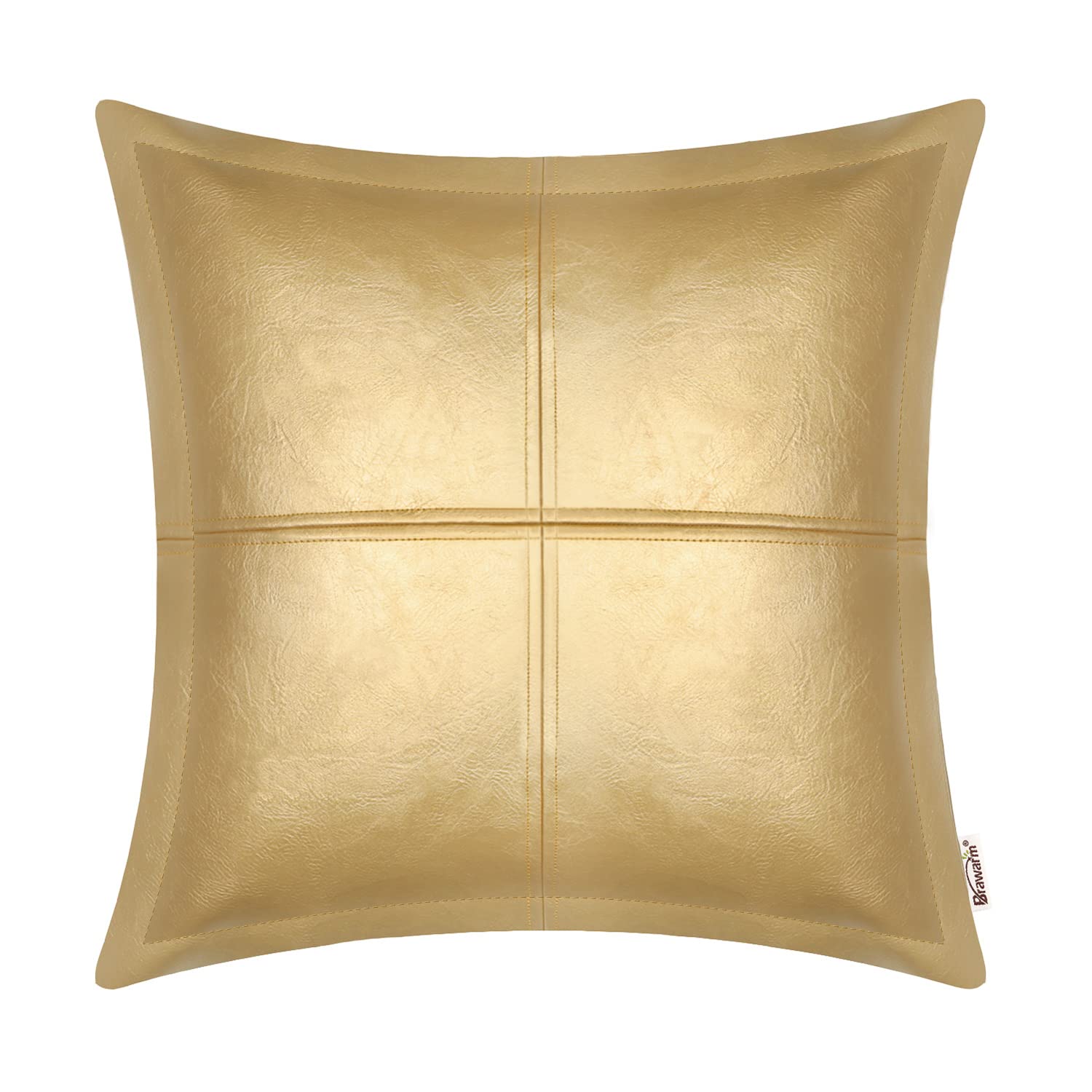 Brawarm Gold Leather Throw Pillow 16 X 16 Inches, Faux Leather Pillow Cover With Piping, Hand Stitched Leather Decorative Throw