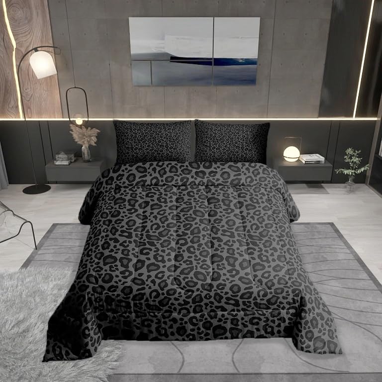 Leopard Print Comforter Set Queen Size,Wild Animal Skin Super Soft Bedding Set For Adults Teens,Black Grey African Cheetah Wildl