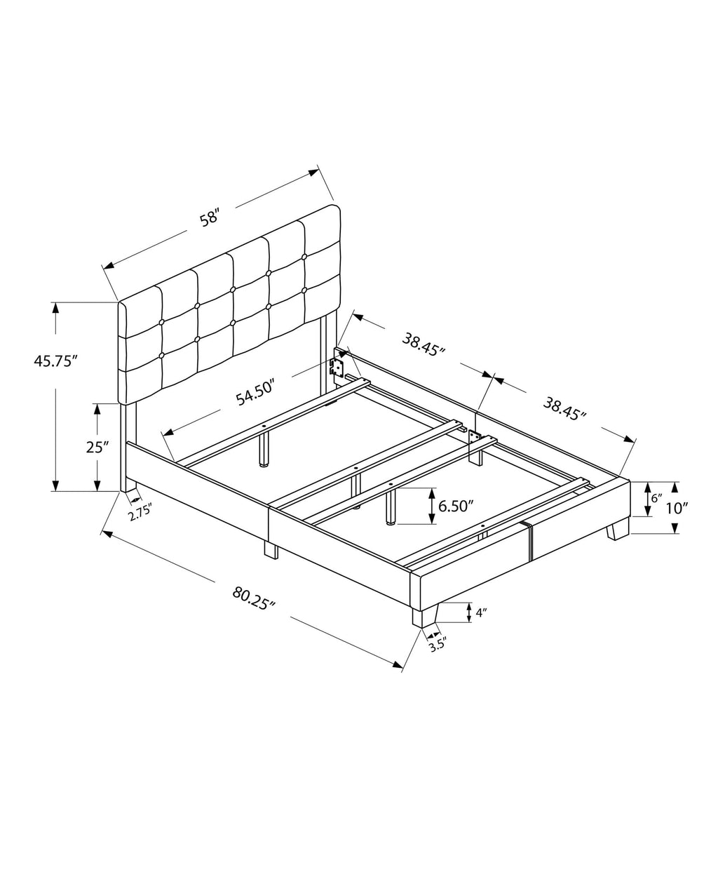 Monarch Specialties I 5805F Bed, Full Size, Bedroom, Upholstered, Frame Only, Transitional