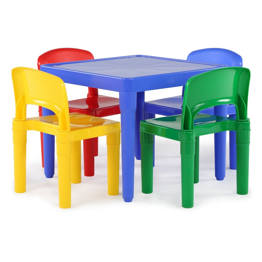 Humble Crew, Blue Primary Kids Lightweight Plastic Table & 4 Chairs Set, Square