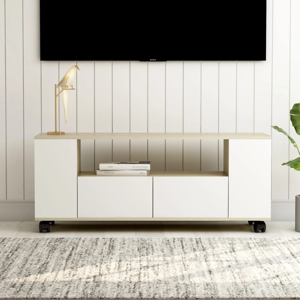 vidaXL TV Stand, TV Unit for Living Room, Sideboard with Drawer, Entertainment Center Media Unit, Modern, White and Sonoma Oak Engineered Wood