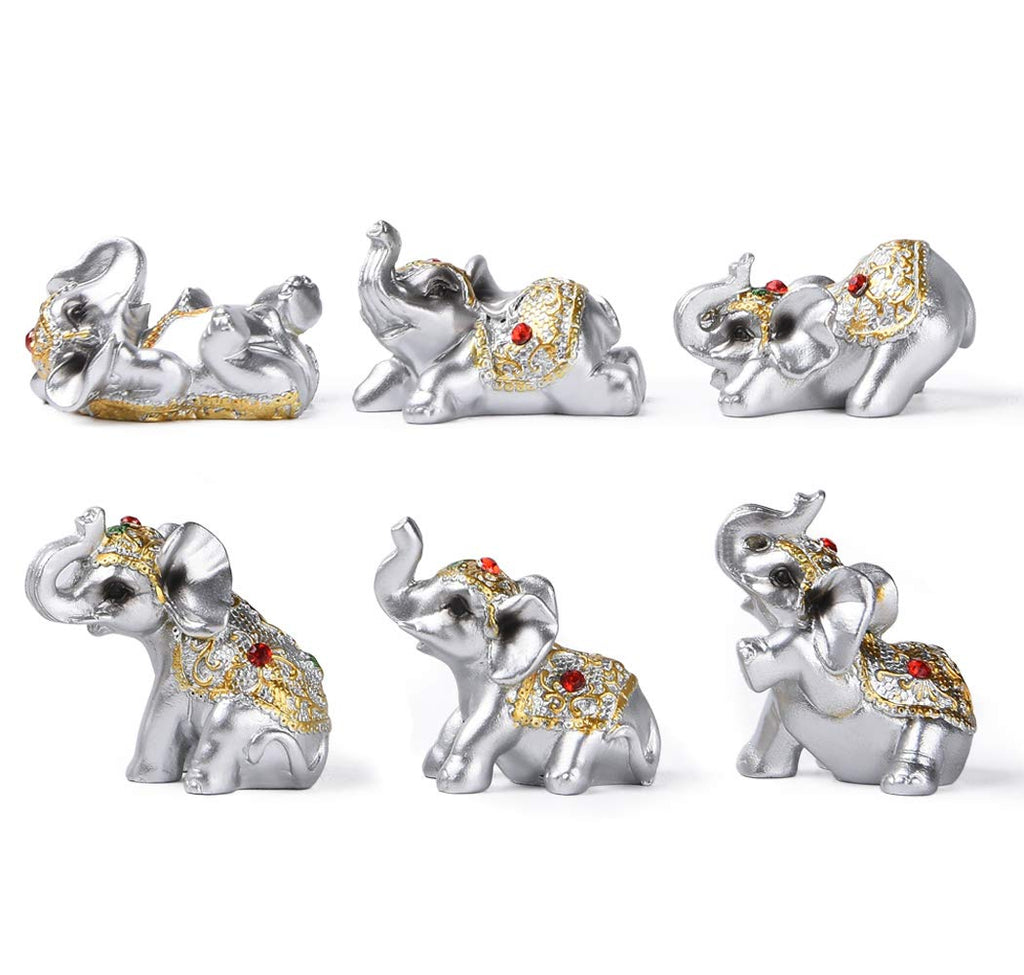 BRABUD Silver Resin Small Elephants Statues Home Decoration Collection Gift Set of 6 BS122 (Silver)