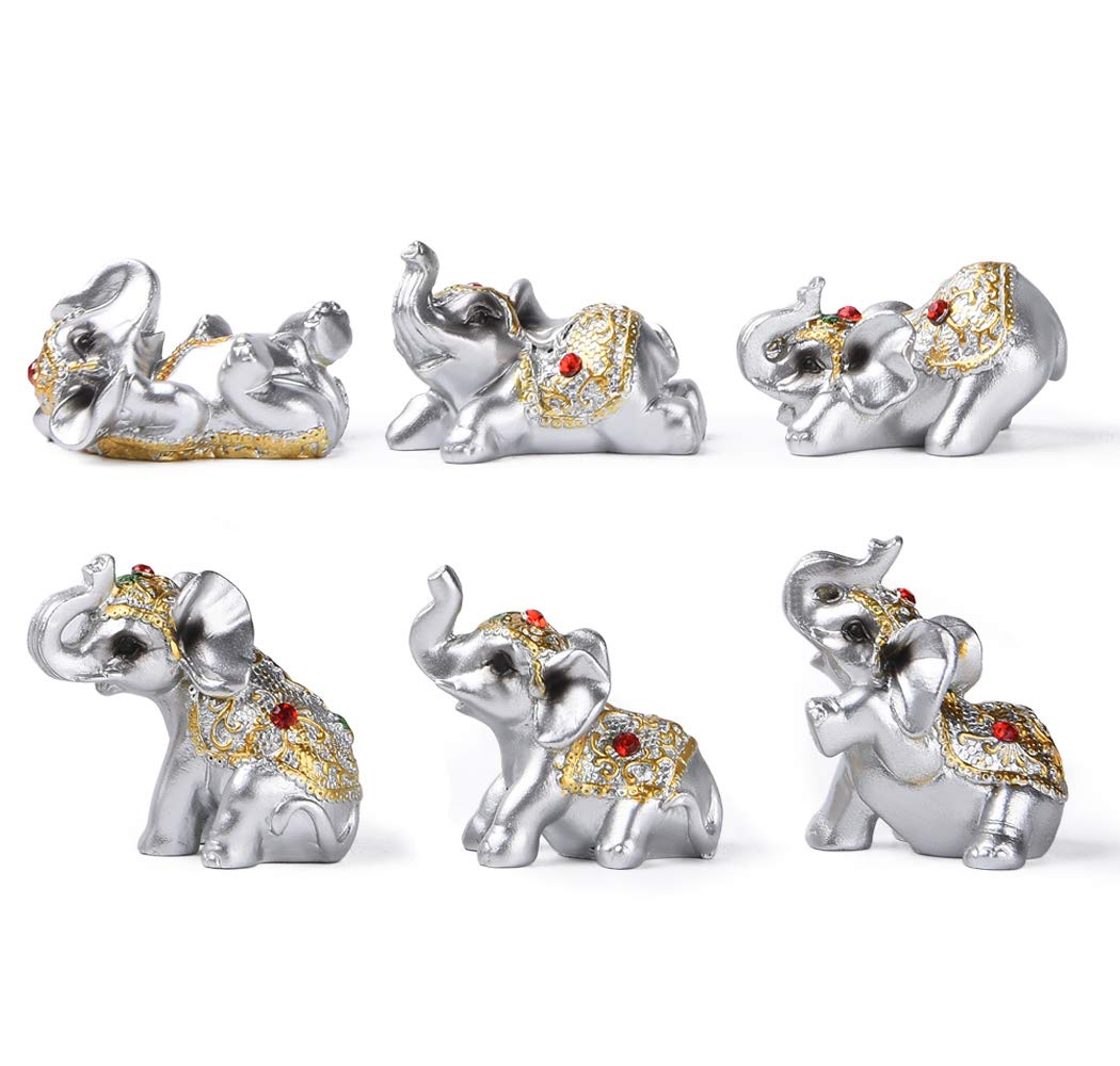 BRABUD Silver Resin Small Elephants Statues Home Decoration Collection Gift Set of 6 BS122 (Silver)