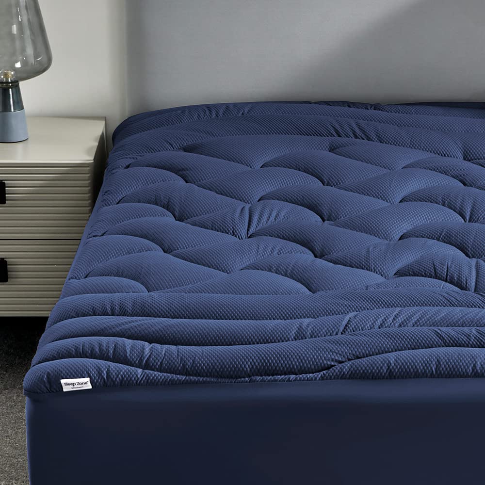 Sleep Zone Cooling Queen Mattress Topper, Premium Zoned Cool Mattress Pad Cover, Padded Mattress Protector Breathable Washable, Deep Pocket 8-21' (Navy, Queen)