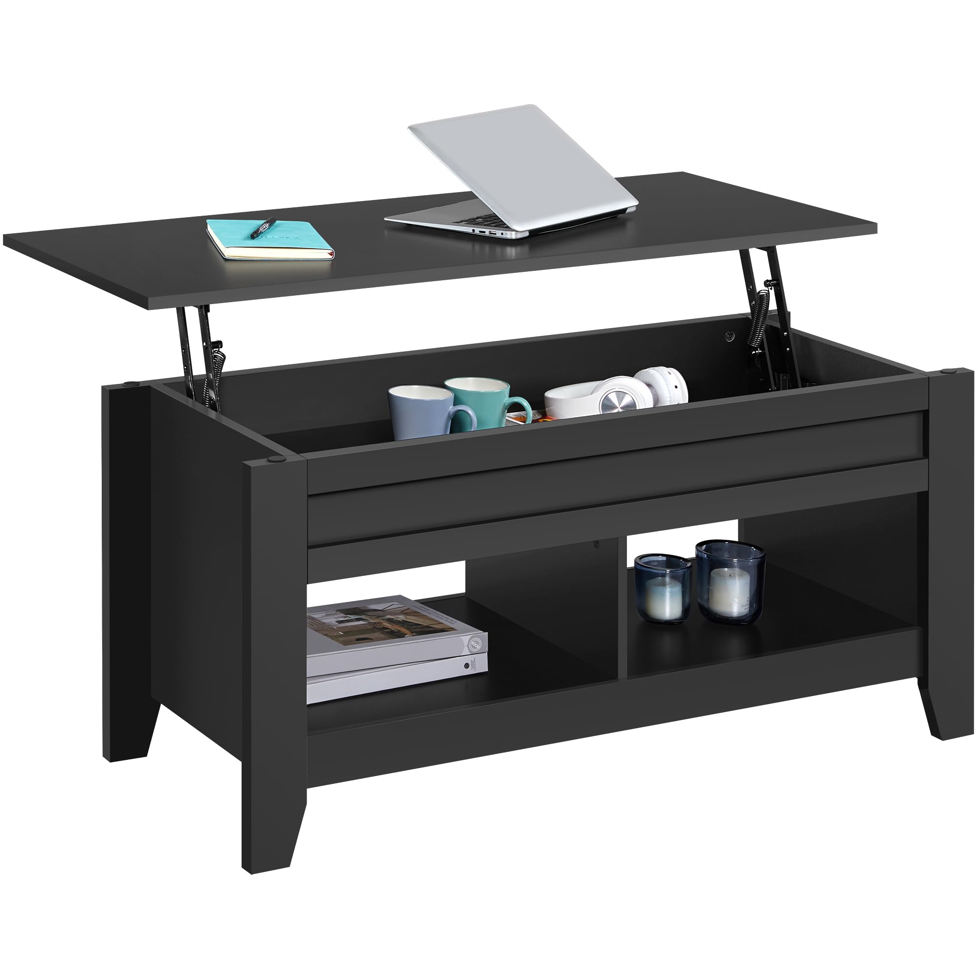 Yaheetech Black Wood Coffee Table Lift Up Coffee Table w/Hidden Storage & 2 Open Shelves for Living Room Reception Room Office, 
