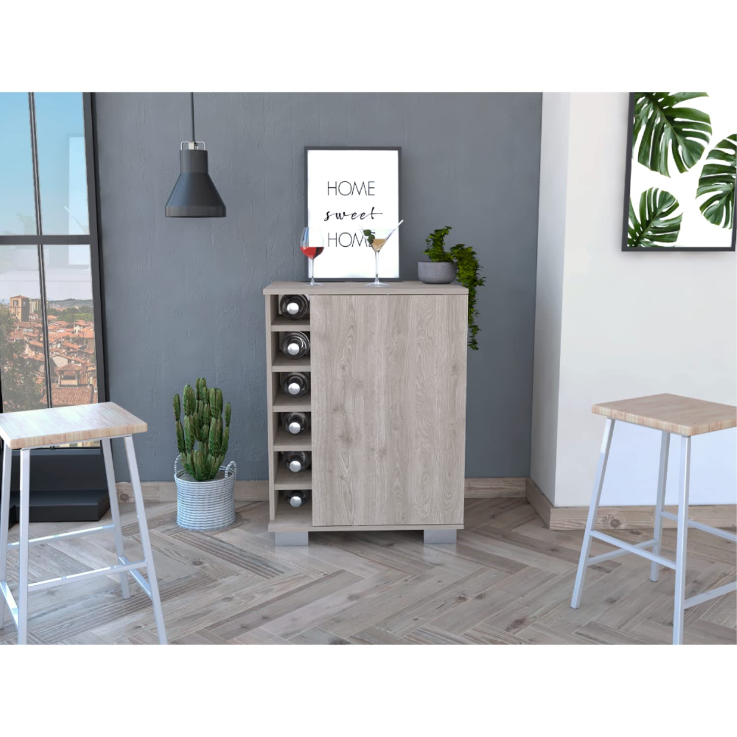 Depot E-Shop Denver Bar Cabinet, Six Built-in Wine Rack, Two Shelves, Single Door Cabinet, Light Gray