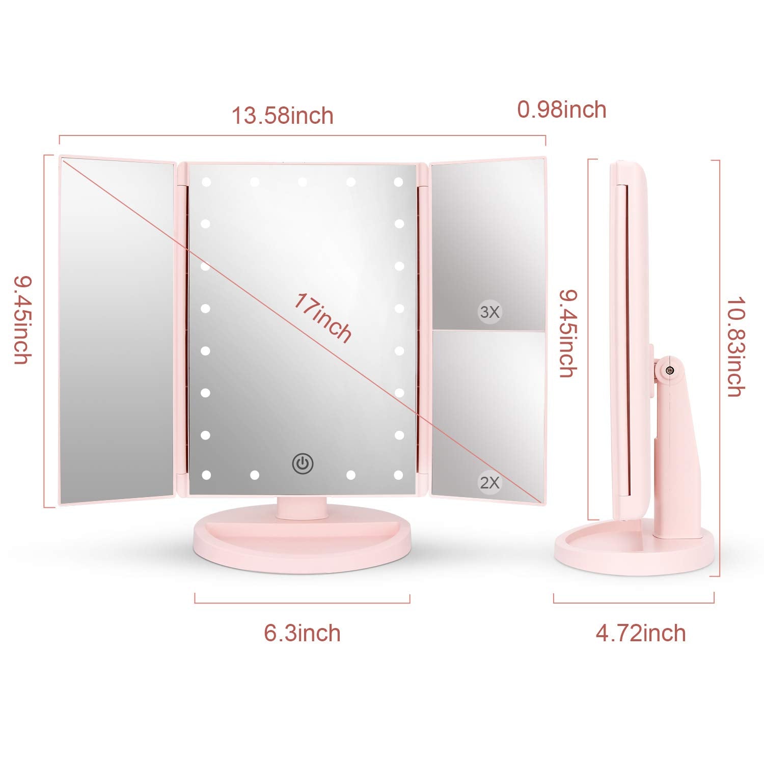 Deweisn Tabletop Mount Tri-Fold Lighted Vanity Mirror With 21 Led Lights, Touch Screen And 3X/2X/1X Magnification, Two Power Sup